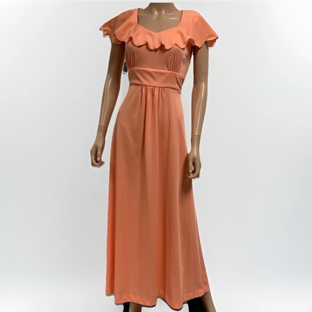VTG 70-s Peach Orange Maxi Dress Size S Sleeveless Evening Regancy
